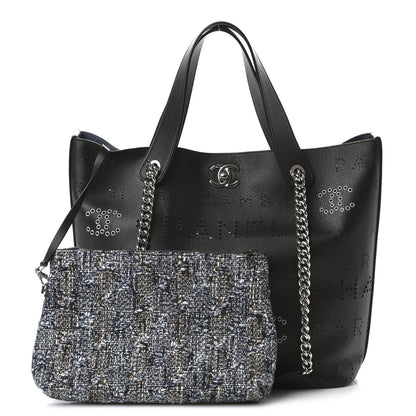 Chanel Calfskin Tweed Small Logo Eyelets Shopping Tote Black 1 of 12