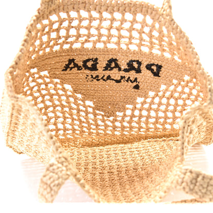 Prada Yarn Raffia Effect Crochet Logo Embroidered Tote Bag Naturale 6 of 8