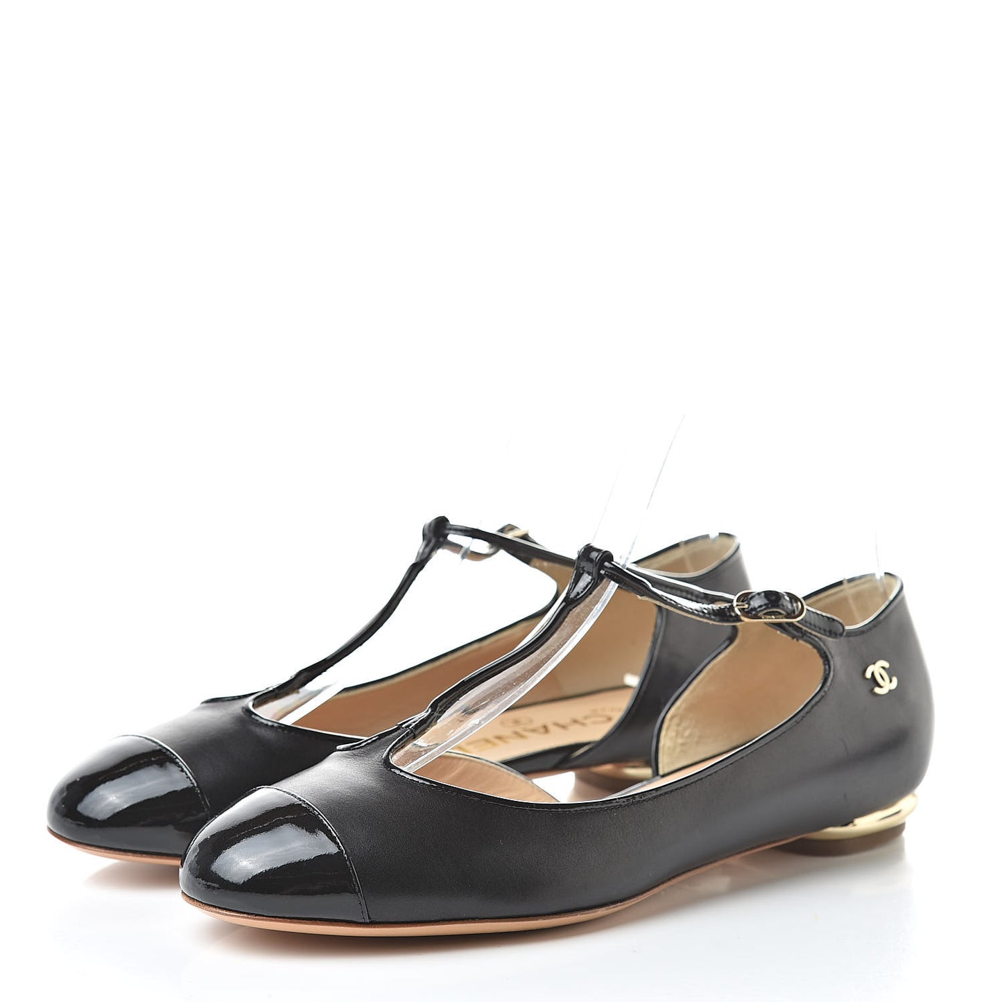 Lambskin Patent Cap Toe T Strap Flats 36 Black