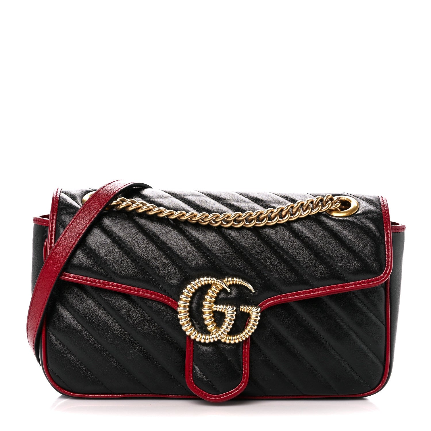 Gucci Vintage Effect Calfskin Matelasse Diagonal Small Torchon GG Marmont Shoulder Bag Black Romantic Cherry 1 of 12