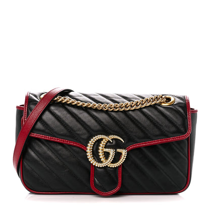 Gucci Vintage Effect Calfskin Matelasse Diagonal Small Torchon GG Marmont Shoulder Bag Black Romantic Cherry 1 of 12