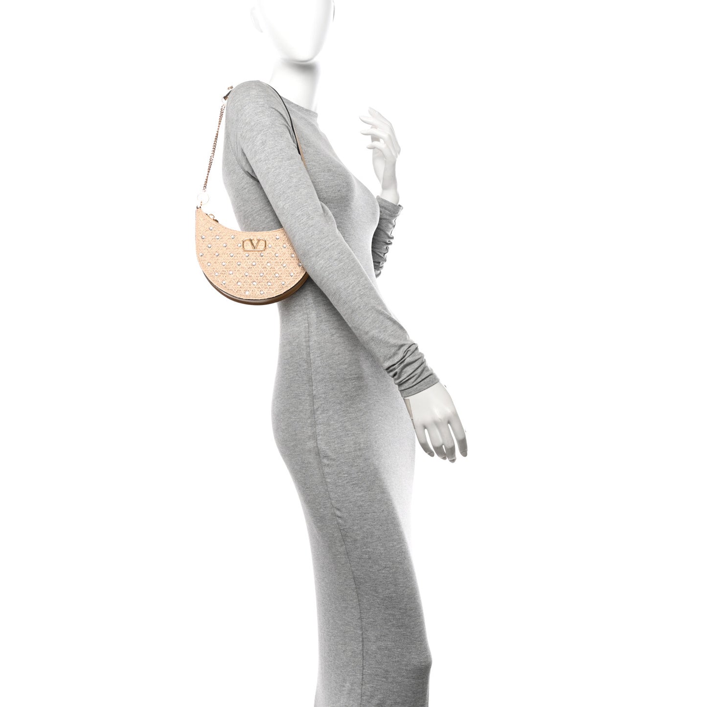 Raffia Calfskin Crystal Embellished Mini Vlogo Hobo Bag Naturale Sahara