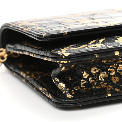 Chanel Calfskin Crocodile Embossed Graffiti 2.55 Cocodile Reissue Wallet On Chain WOC Black Gold 10 of 12