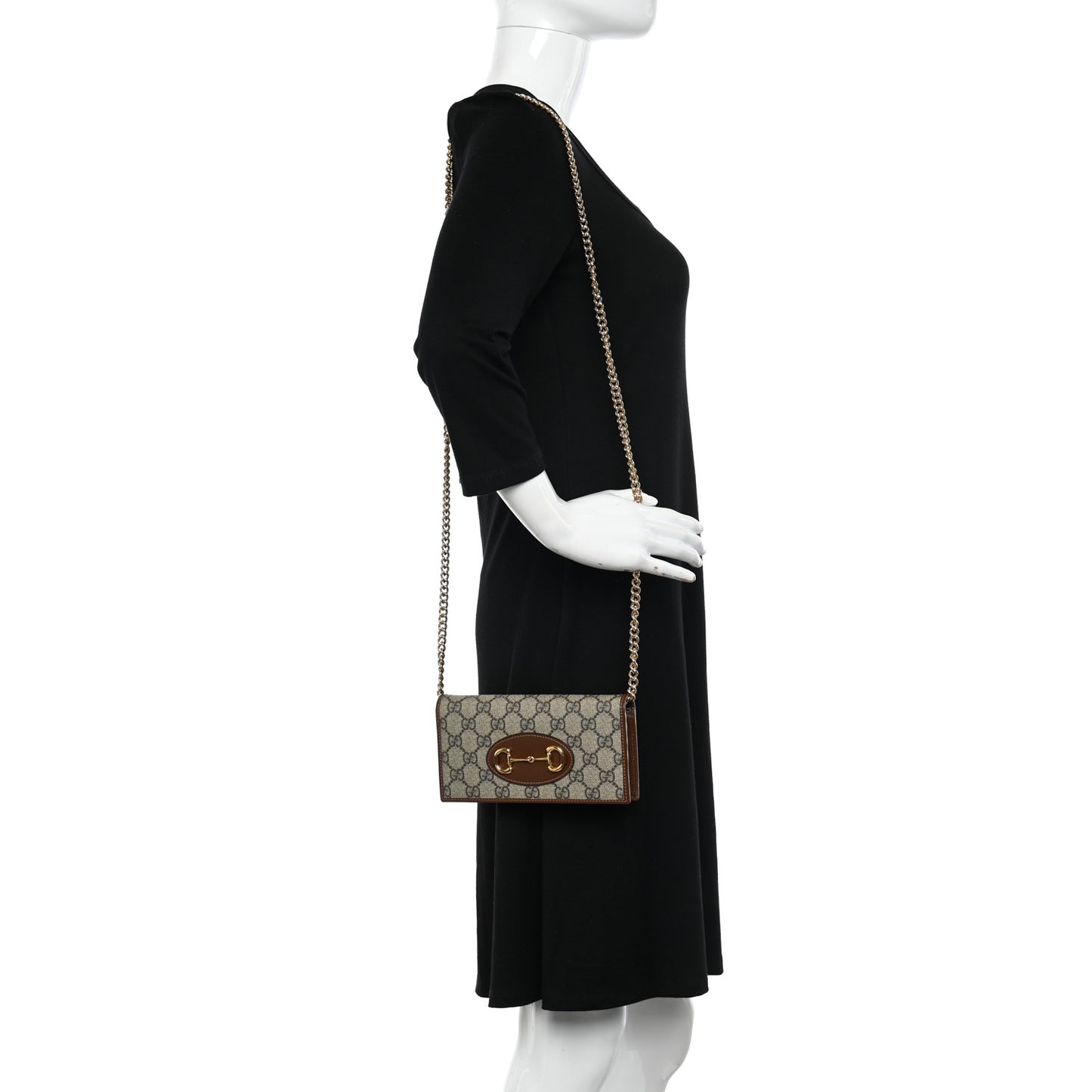 GG Supreme Monogram Azalea Calfskin Horsebit 1955 Wallet On Chain Beige Ebony Brown Sugar