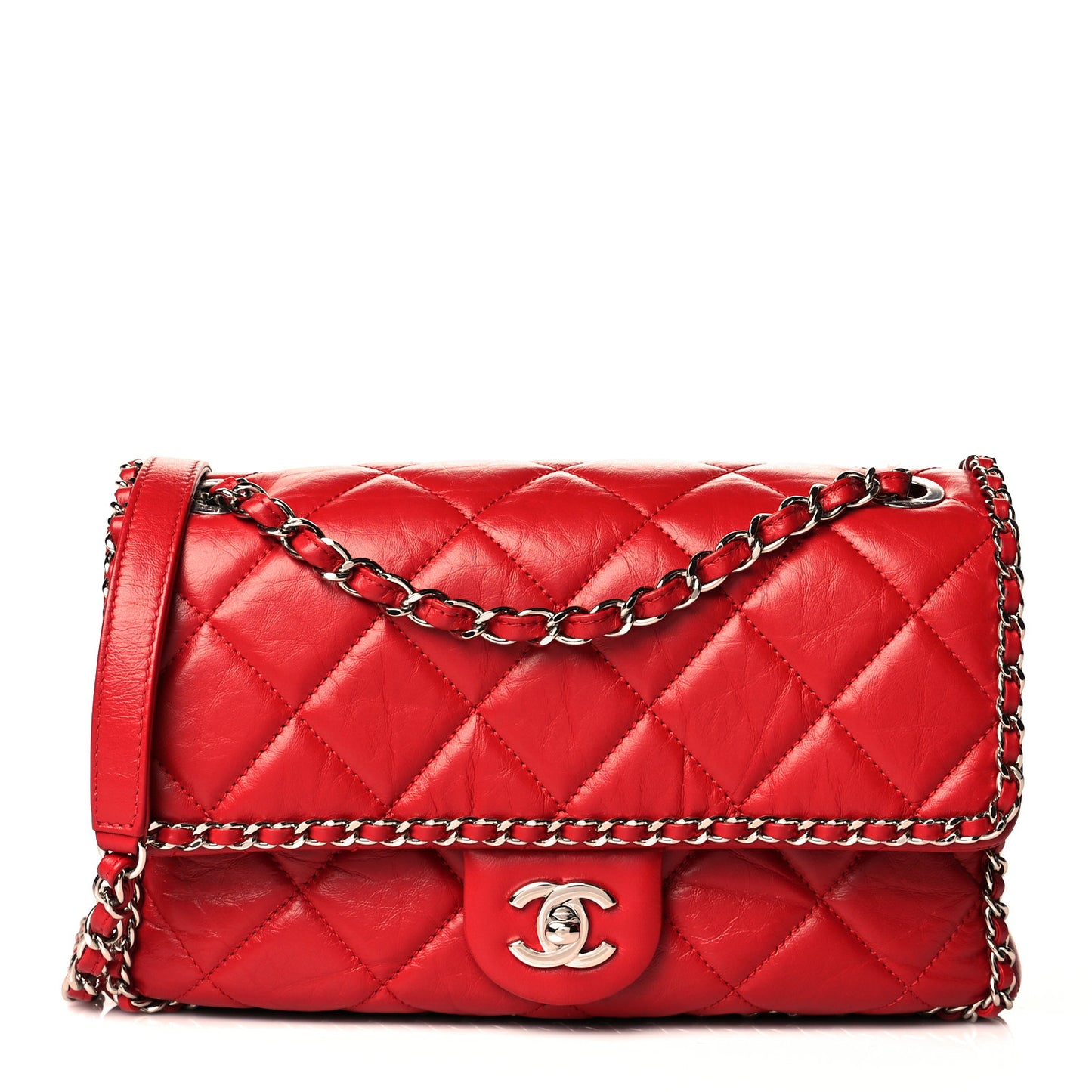 Crumpled Calfskin Medium Chain All Over Flap Red