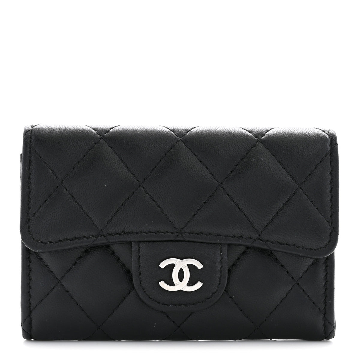 Lambskin Quilted Flap Card Holder Wallet Black