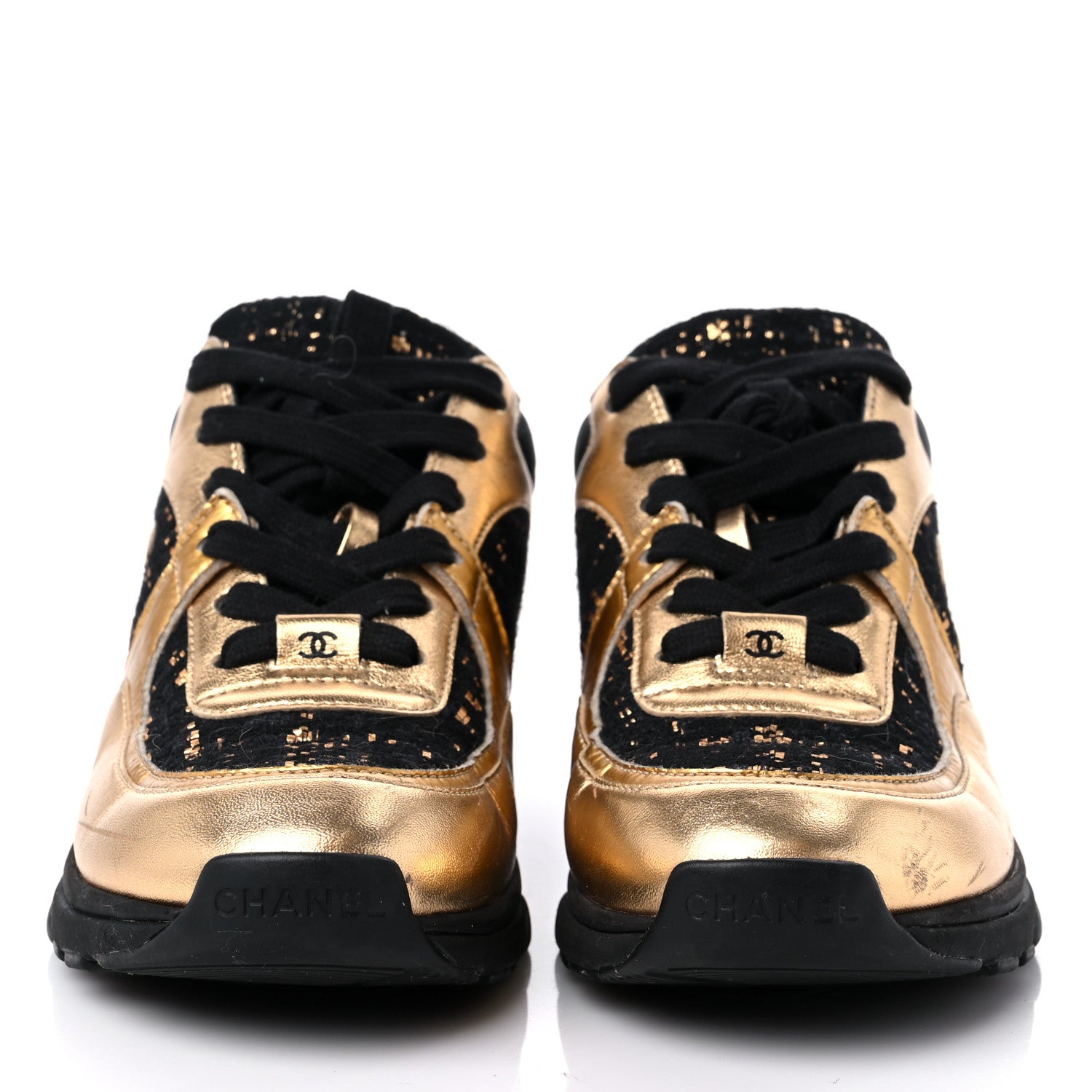 Chanel Satin Lambskin Fabric Tweed CC Sneakers 35.5 Gold Black 2 of 11