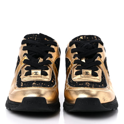 Chanel Satin Lambskin Fabric Tweed CC Sneakers 35.5 Gold Black 2 of 11