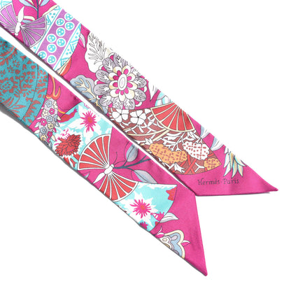 Hermes Silk Fleurs et Papillons de Tissus Twilly Fuchsia Turquoise Beige 4 of 4
