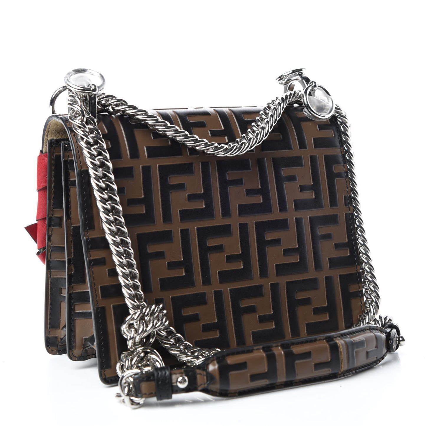 Vitello Shiny Nappa Bi-Color FF 1974 Lace Up Bow Embossed Small Kan I Shoulder Bag Maya Black Fragola