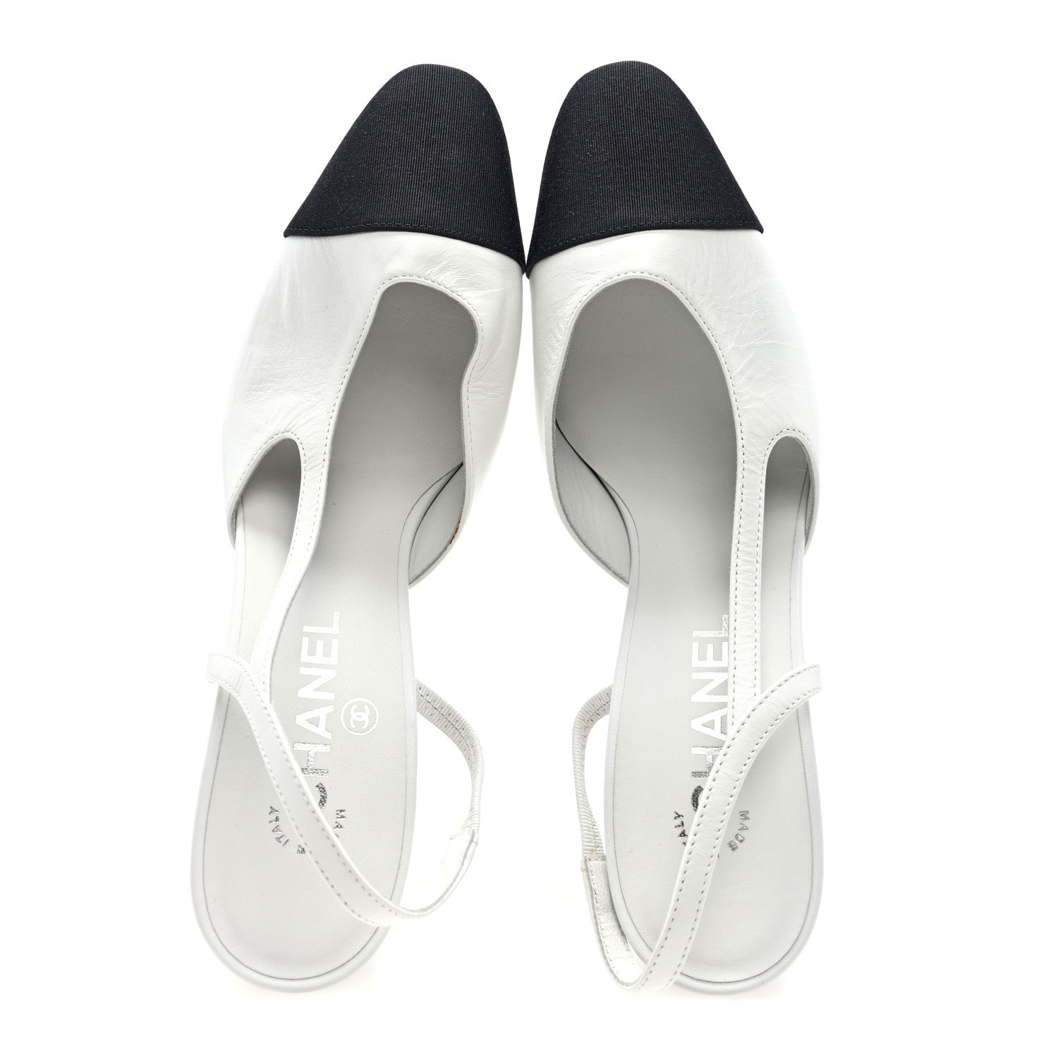 Chanel Goatskin Grosgrain Cap Toe CC Slingback Pumps 39 White Black 5 of 9