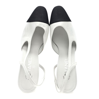 Chanel Goatskin Grosgrain Cap Toe CC Slingback Pumps 39 White Black 5 of 9