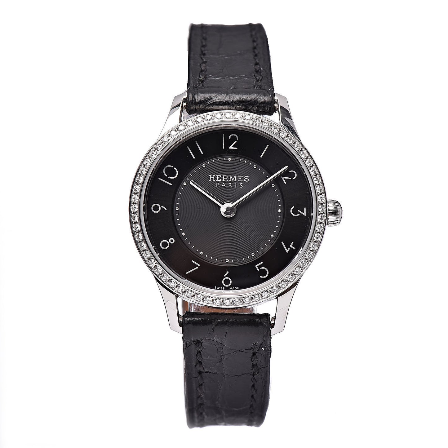 Stainless Steel Alligator Diamond 25mm Slim d'Hermes Quartz Watch Noir