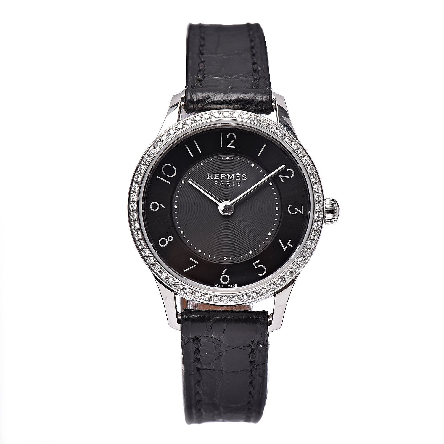 Hermes Stainless Steel Alligator Diamond 25mm Slim d'Hermes Quartz Watch Noir 1 of 9