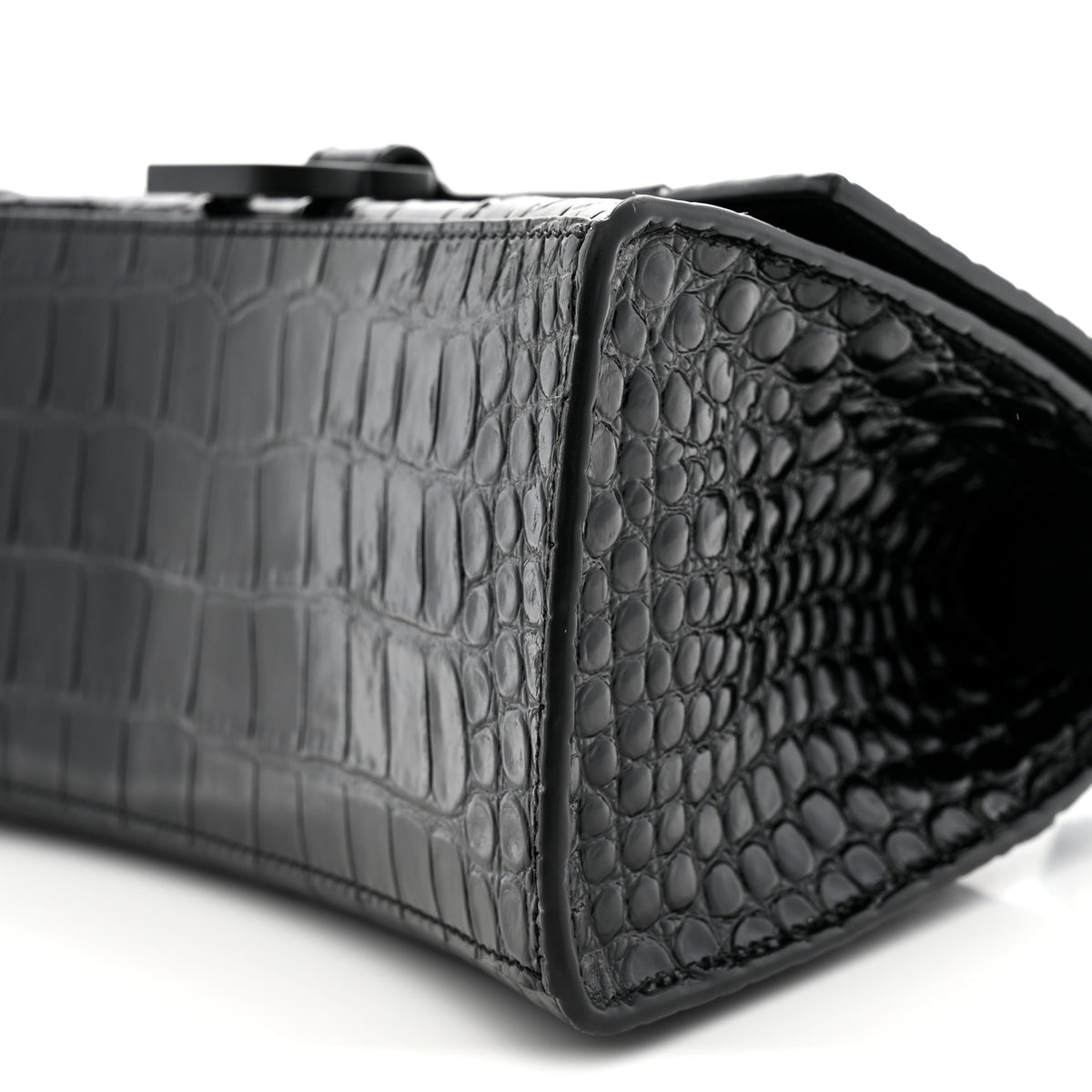 Shiny Calfskin Monochrome Crocodile Embossed Small Hourglass Top Handle Bag Black