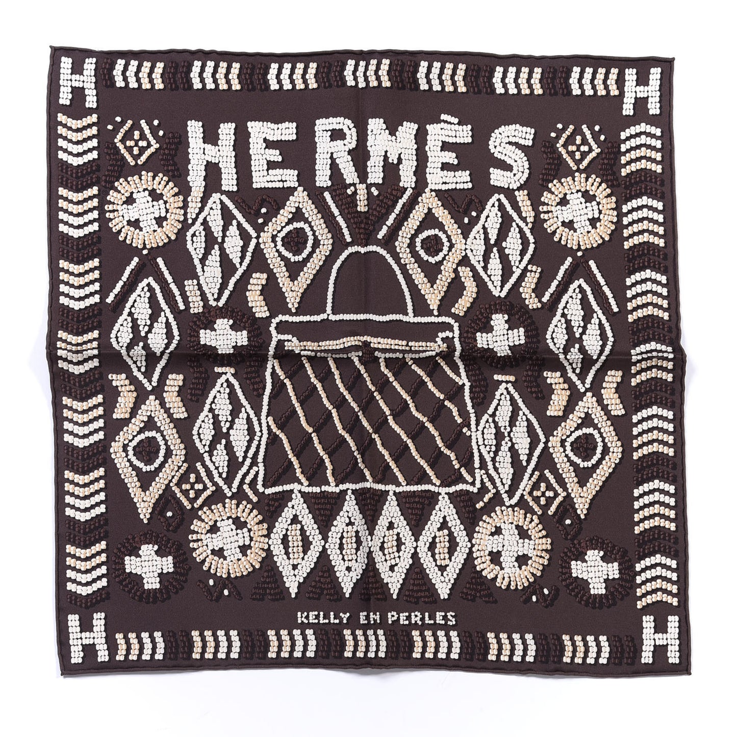 Silk Kelly En Perles Scarf 70 Chocolate Creme Beige