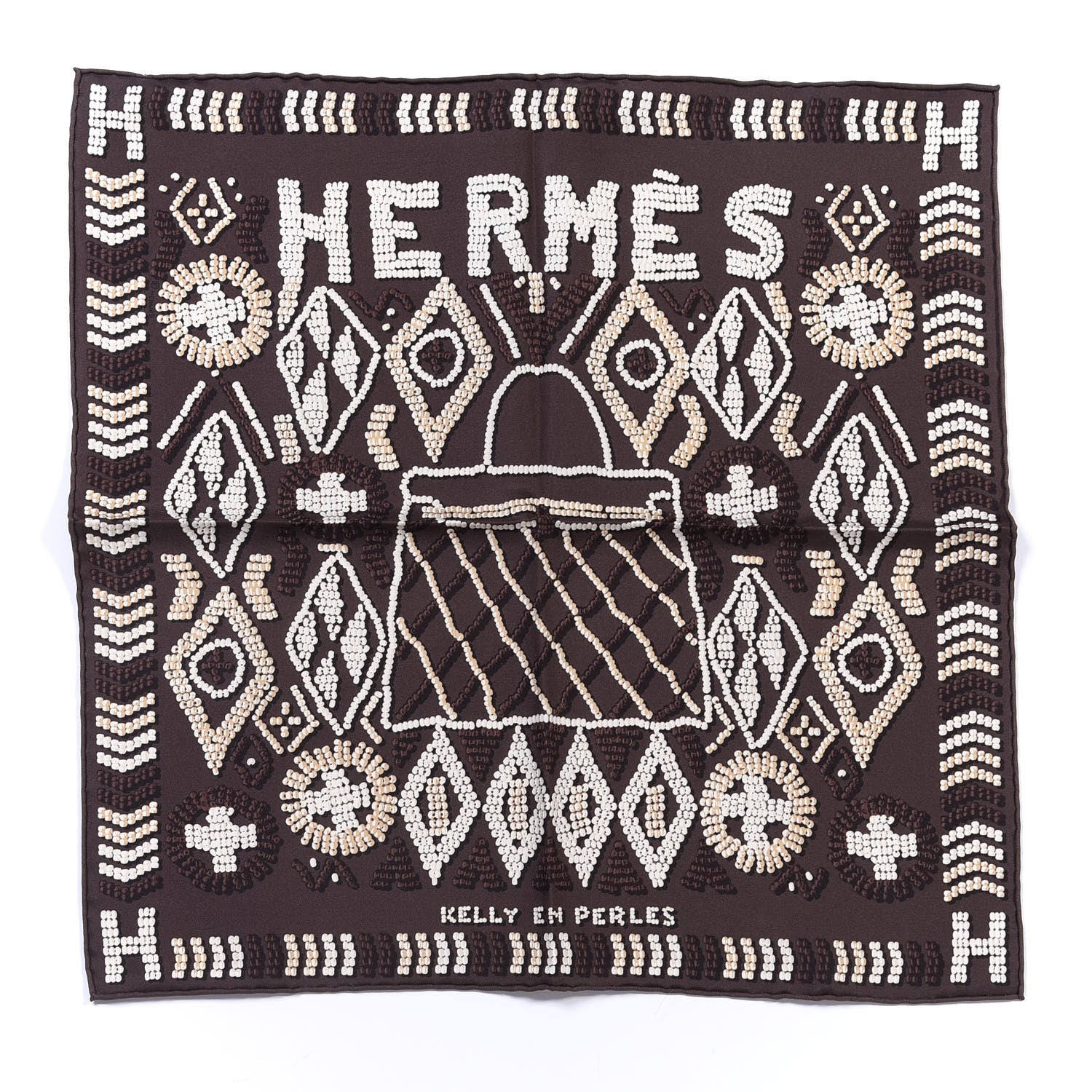 Hermes Silk Kelly En Perles Scarf 70 Chocolate Creme Beige 1 of 4