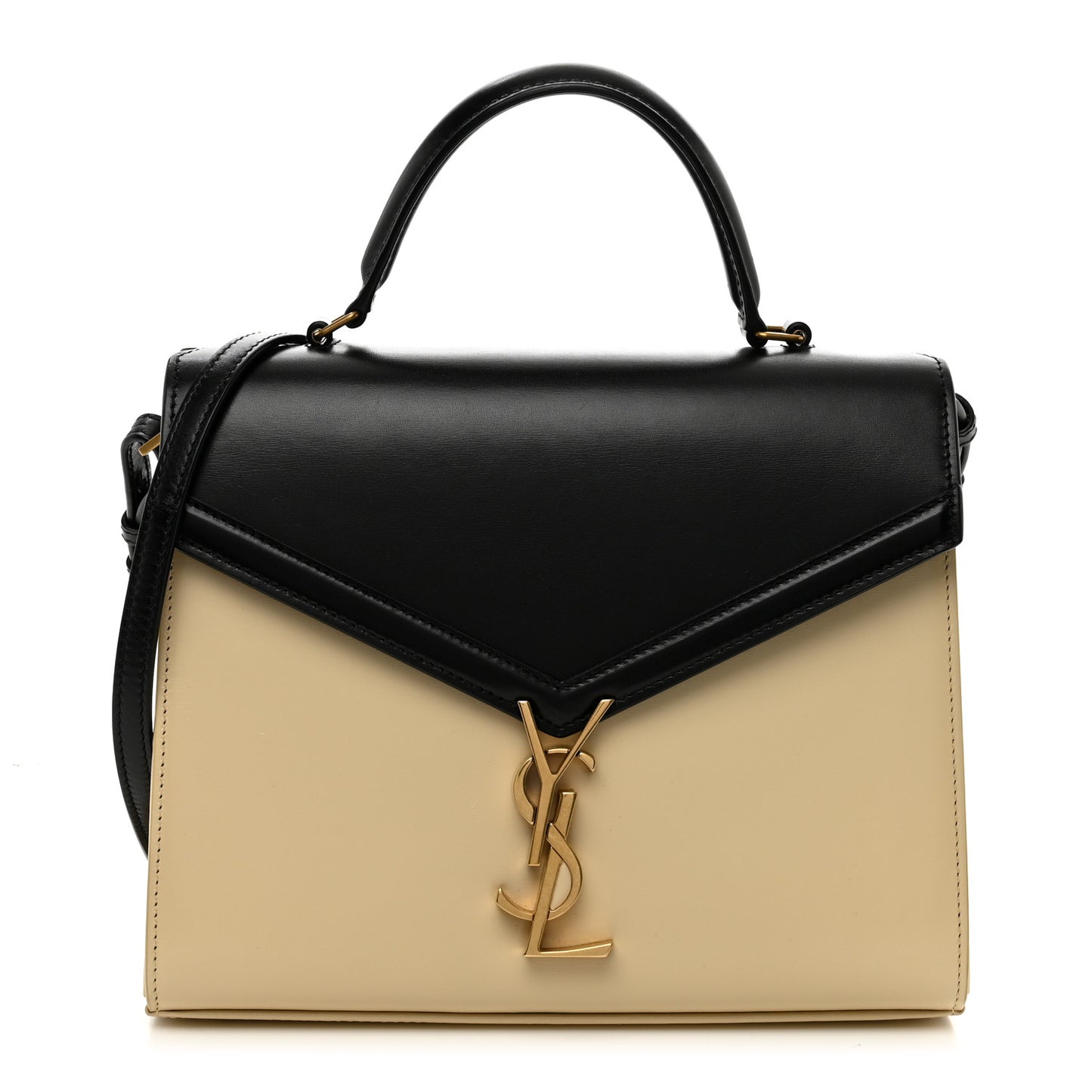 Smooth Shiny Calfskin Medium Classic Monogram Cassandra Top Handle Black Crema Soft