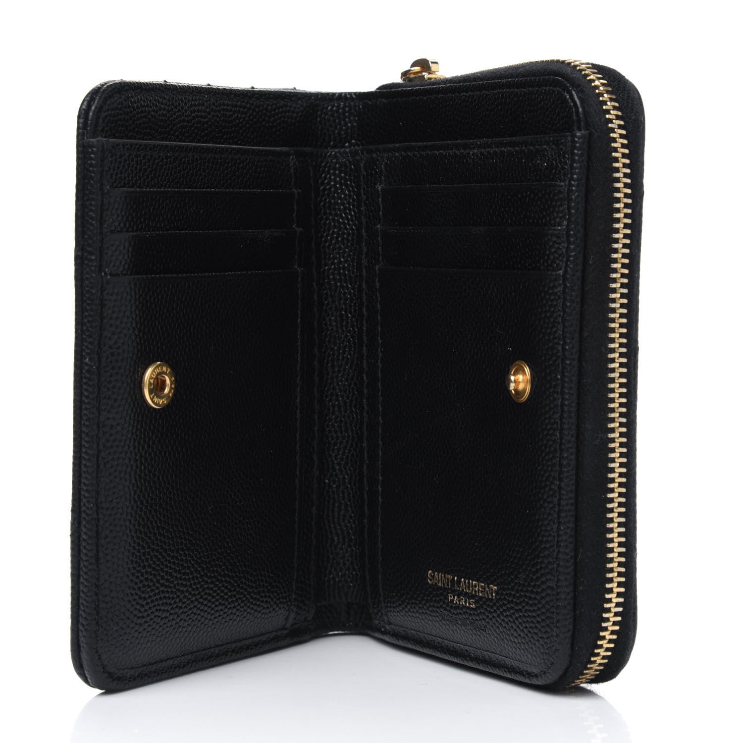 Saint Laurent Grain De Poudre Matelasse Chevron Monogram Compact Zip Around Wallet Black 4 of 5