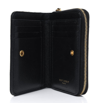 Saint Laurent Grain De Poudre Matelasse Chevron Monogram Compact Zip Around Wallet Black 4 of 5