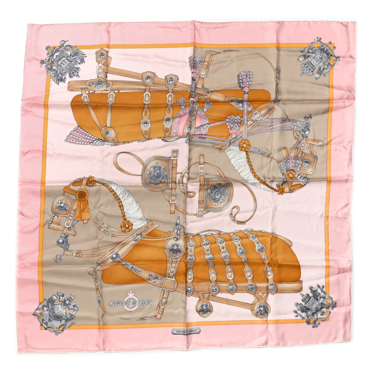 Hermes Silk Harnais De Cour Scarf 90 Rose Beige Caramel 1 of 6
