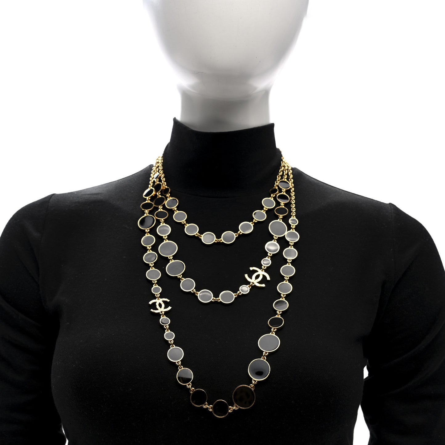 Metal Enamel Disc CC Multi 3 Strand Necklace Gold Black