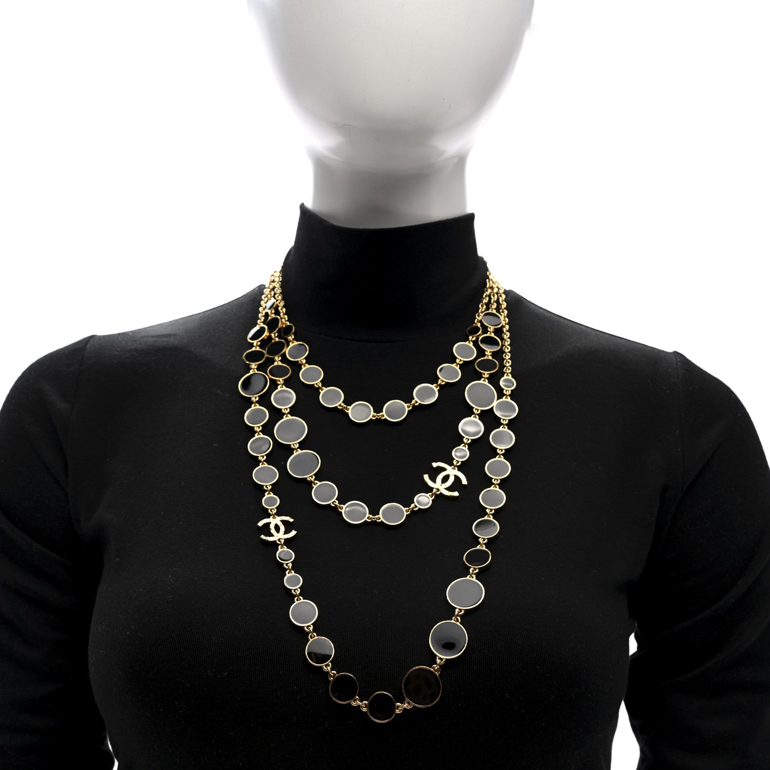 Chanel Metal Enamel Disc CC Multi 3 Strand Necklace Gold Black 2 of 4