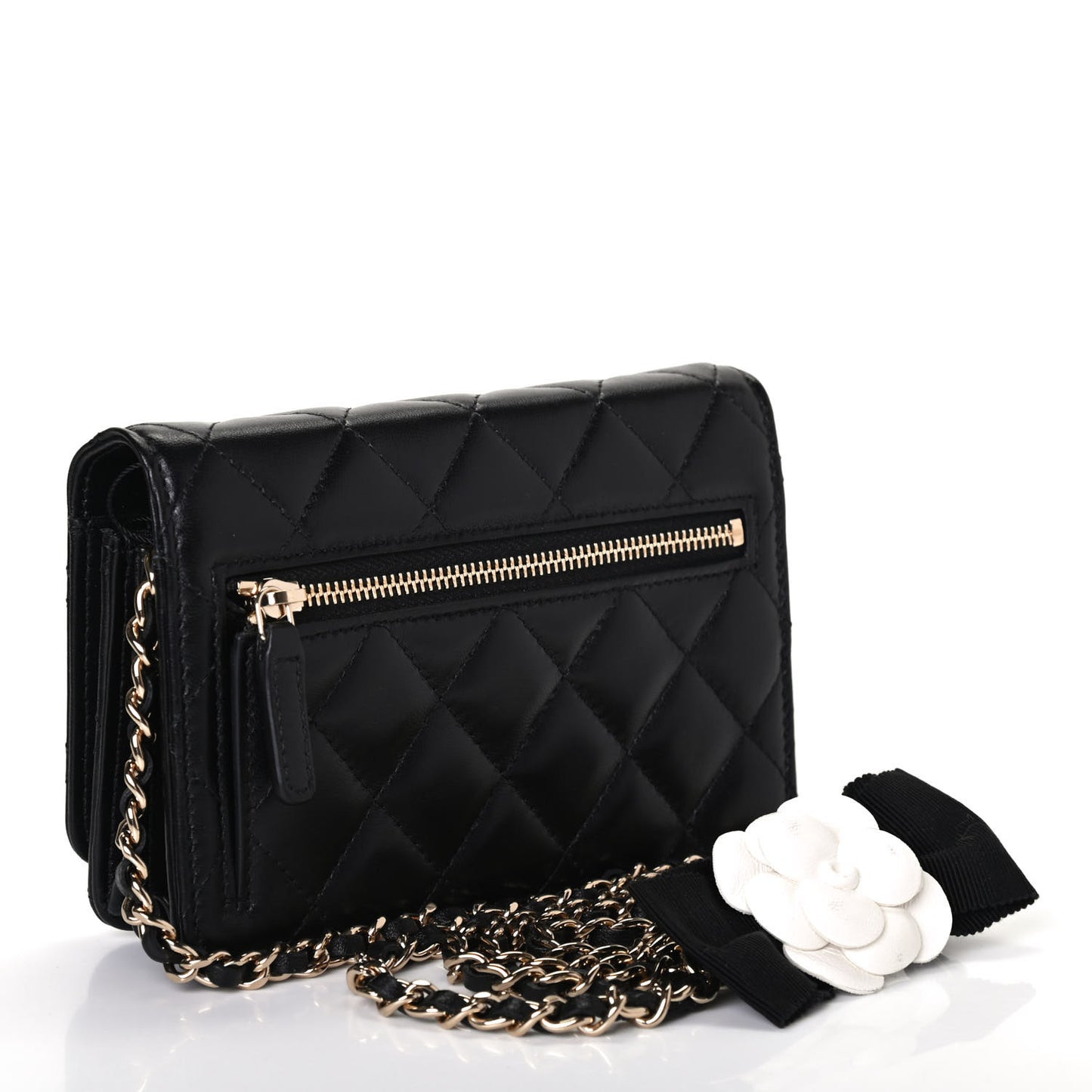 Lambskin Quilted Mini Camellia Bow Wallet On Chain WOC Black