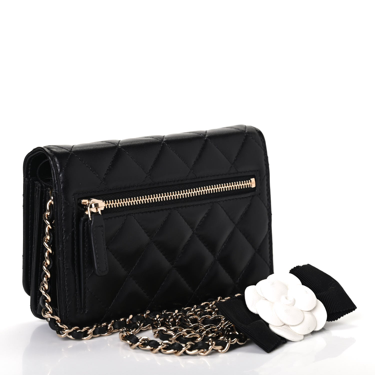 Chanel Lambskin Quilted Mini Camellia Bow Wallet On Chain WOC Black 2 of 4