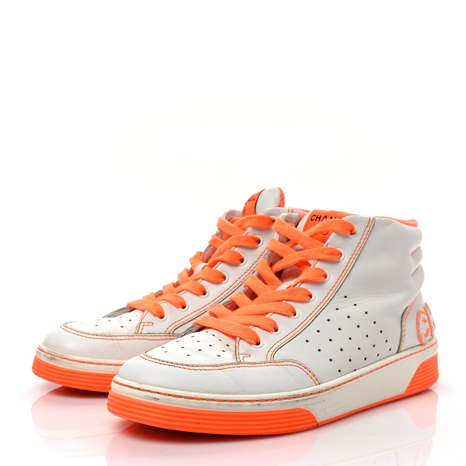 Chanel Calfskin Mens Logo High Top Sneakers 43 White Orange 3 of 9