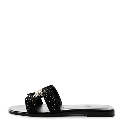 Hermes Suede Goatskin Rhinestone Oran Sandals 40 Black 1 of 8