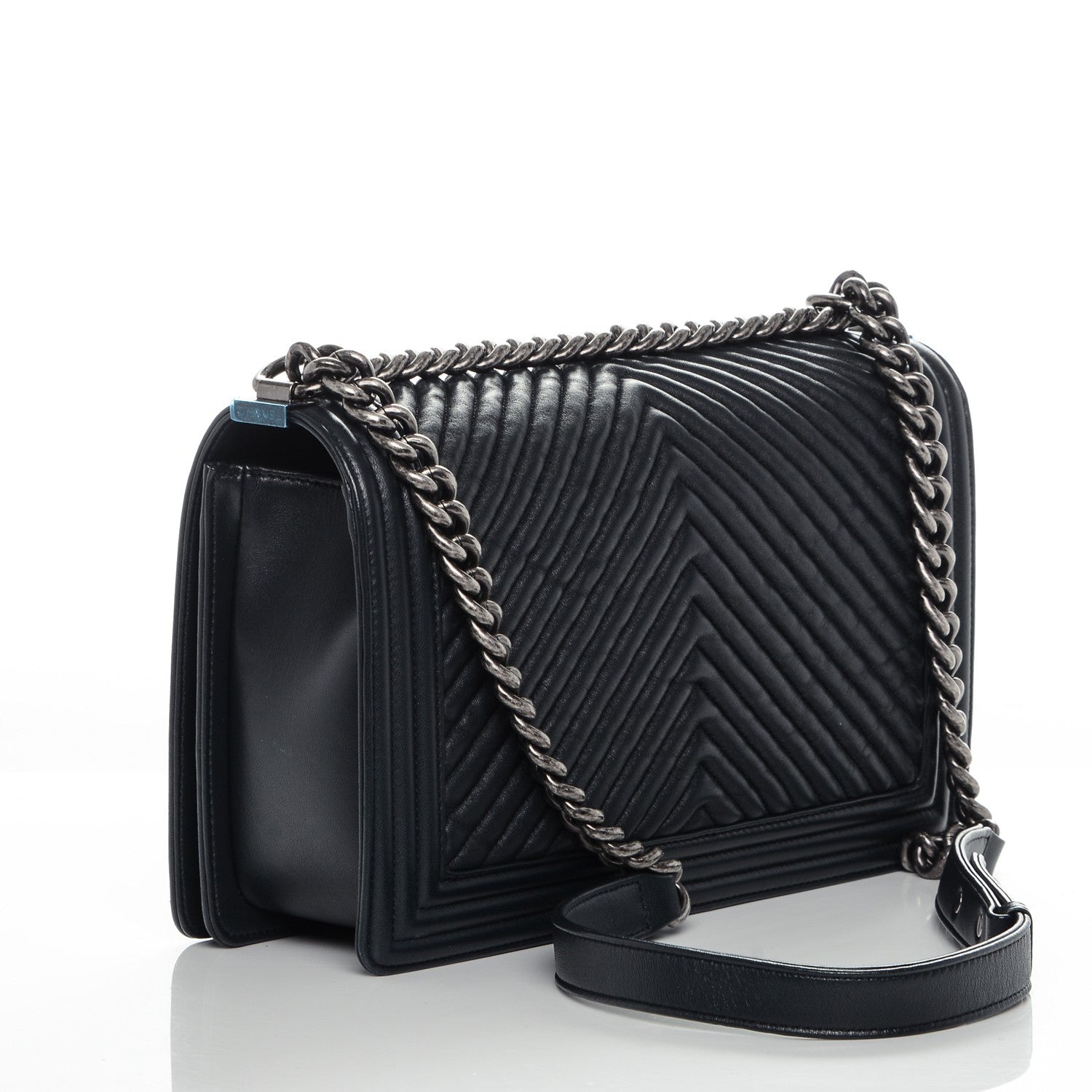Chanel Wrinkled Lambskin Chevron Quilted New Medium Boy Flap Dark Navy Blue 3 of 7