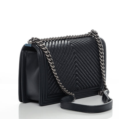 Chanel Wrinkled Lambskin Chevron Quilted New Medium Boy Flap Dark Navy Blue 3 of 7