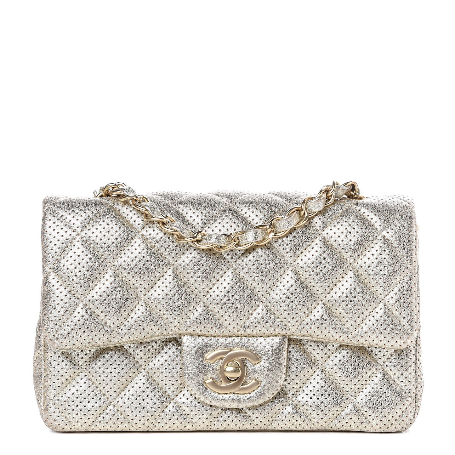 Metallic Lambskin Perforated Mini Rectangular Flap Light Gold