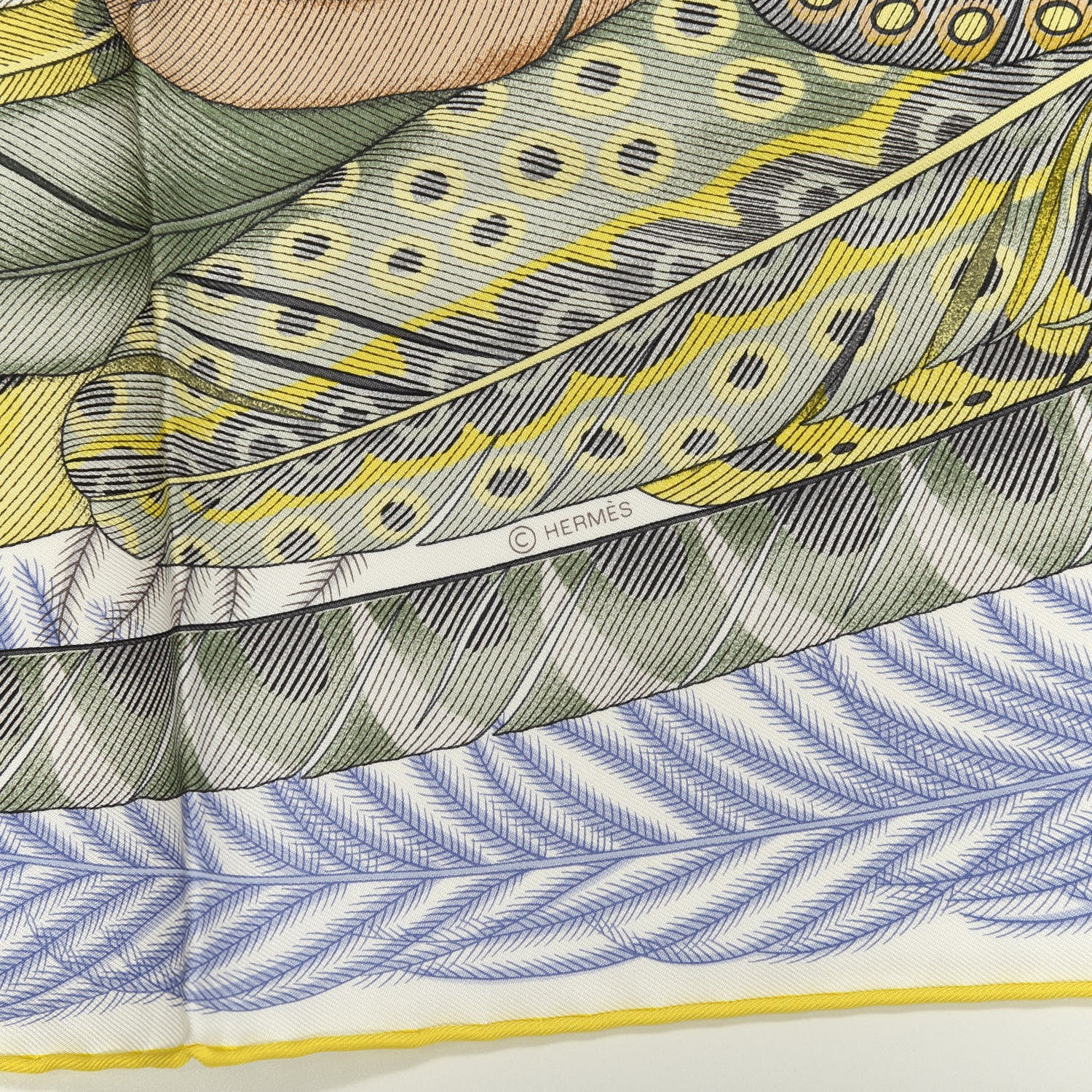 Hermes Silk Plumes En Fete Scarf 90 Blanc Jaune Mauve 3 of 5