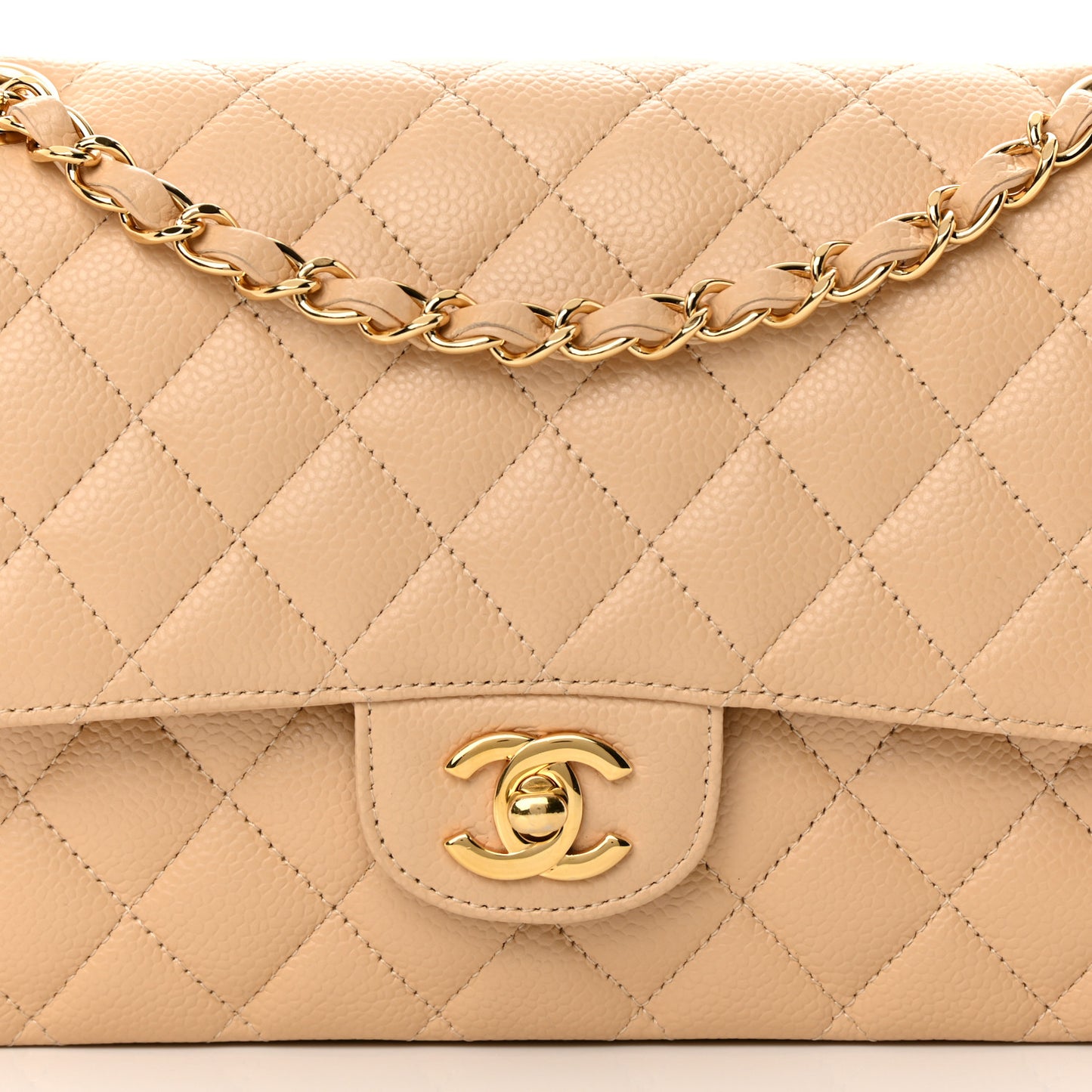 Caviar Quilted Medium Double Flap Beige