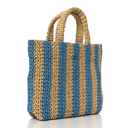 Prada Yarn Raffia Effect Crochet Striped Small Logo Tote Naturale Celeste 2 of 7