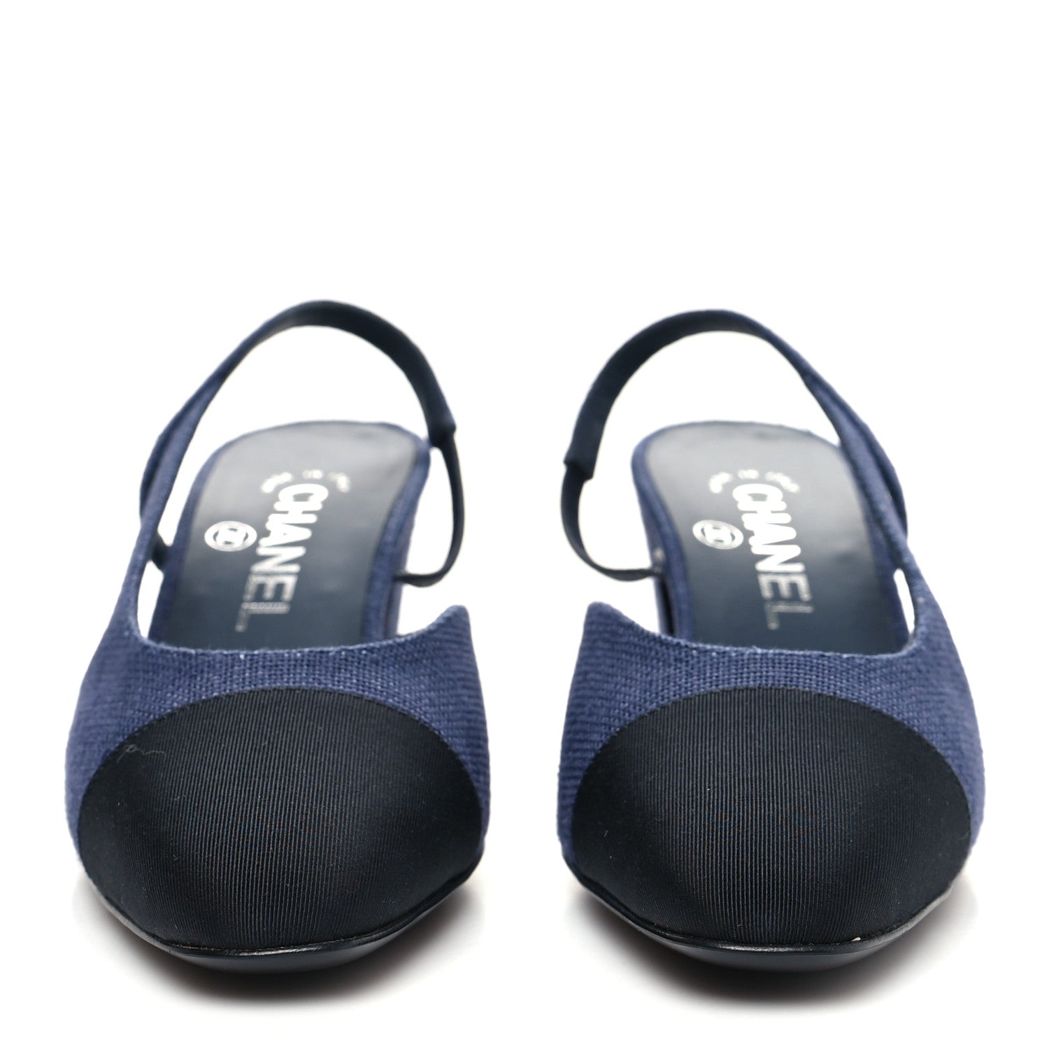 Chanel Fabric Grosgrain Cap Toe CC Slingback Pumps 36.5 Dark Blue Black 2 of 9