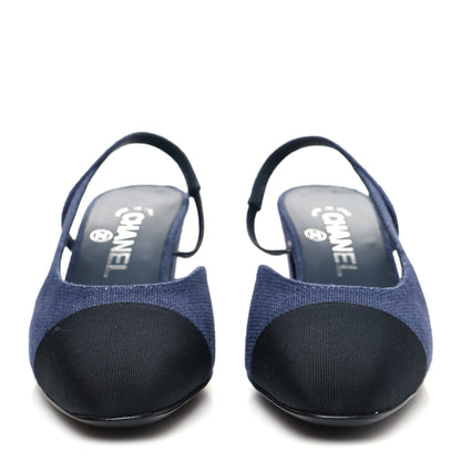 Chanel Fabric Grosgrain Cap Toe CC Slingback Pumps 36.5 Dark Blue Black 2 of 9