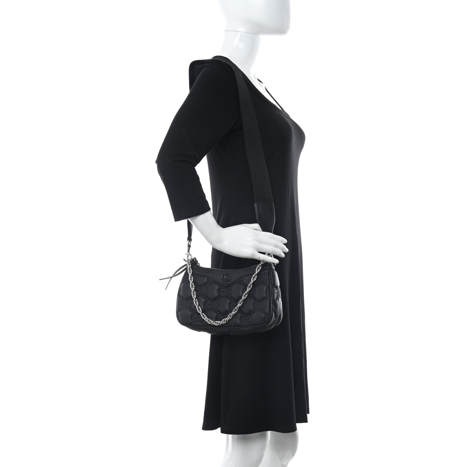 Gucci Nylon Calfskin Enamel GG Matelasse Chain Handbag Black 2 of 12