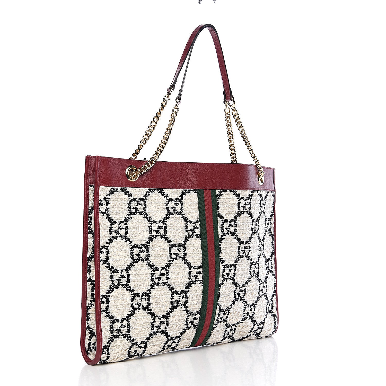 Gucci Tweed GG Monogram Large Rajah Chain Tote White Black Romantic Cherry 2 of 10