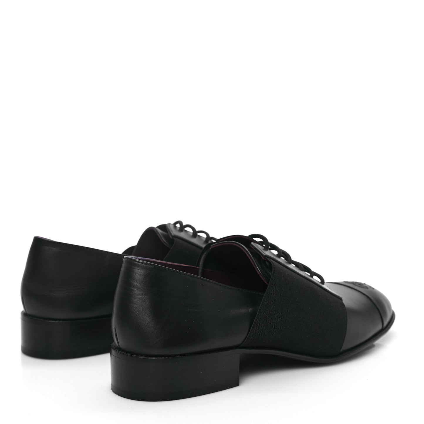 Calfskin Elastic Lace Up Cap Toe CC Loafers 38.5 Black