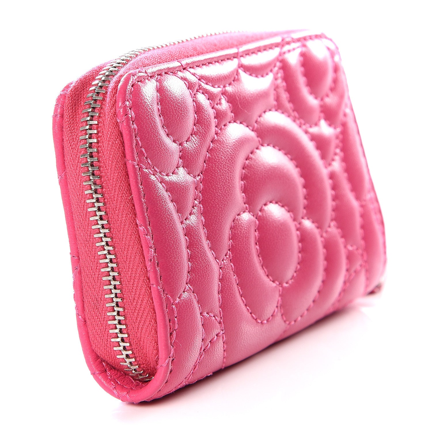 Chanel Lambskin Camellia Embossed Zip Coin Purse Fuchsia 2 of 9