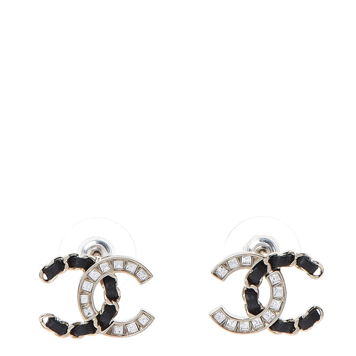 Crystal Baguette Lambskin Chain CC Vintage Allure Stud Earrings Black Gold