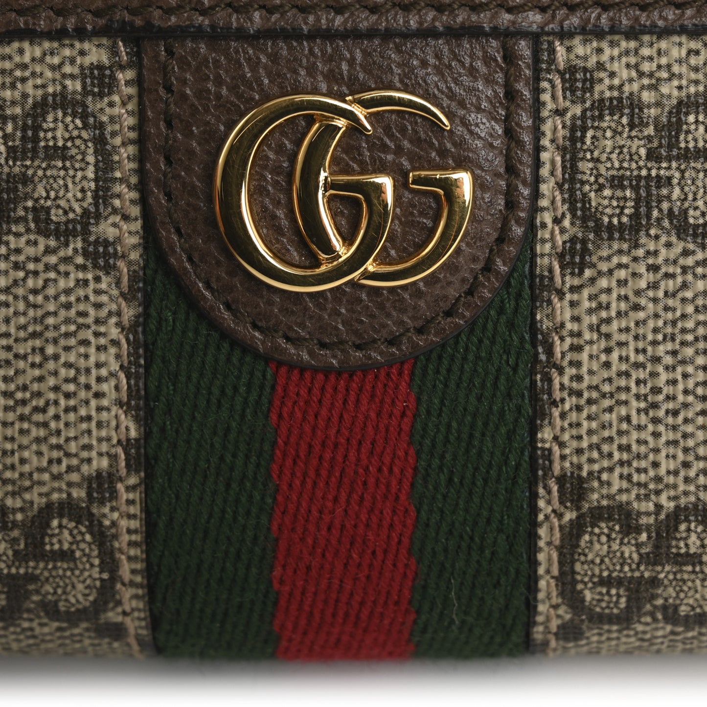 GG Supreme Monogram Textured Dollar Calfskin Web Ophidia Zip Around Card Case Wallet Beige Ebony New Acero