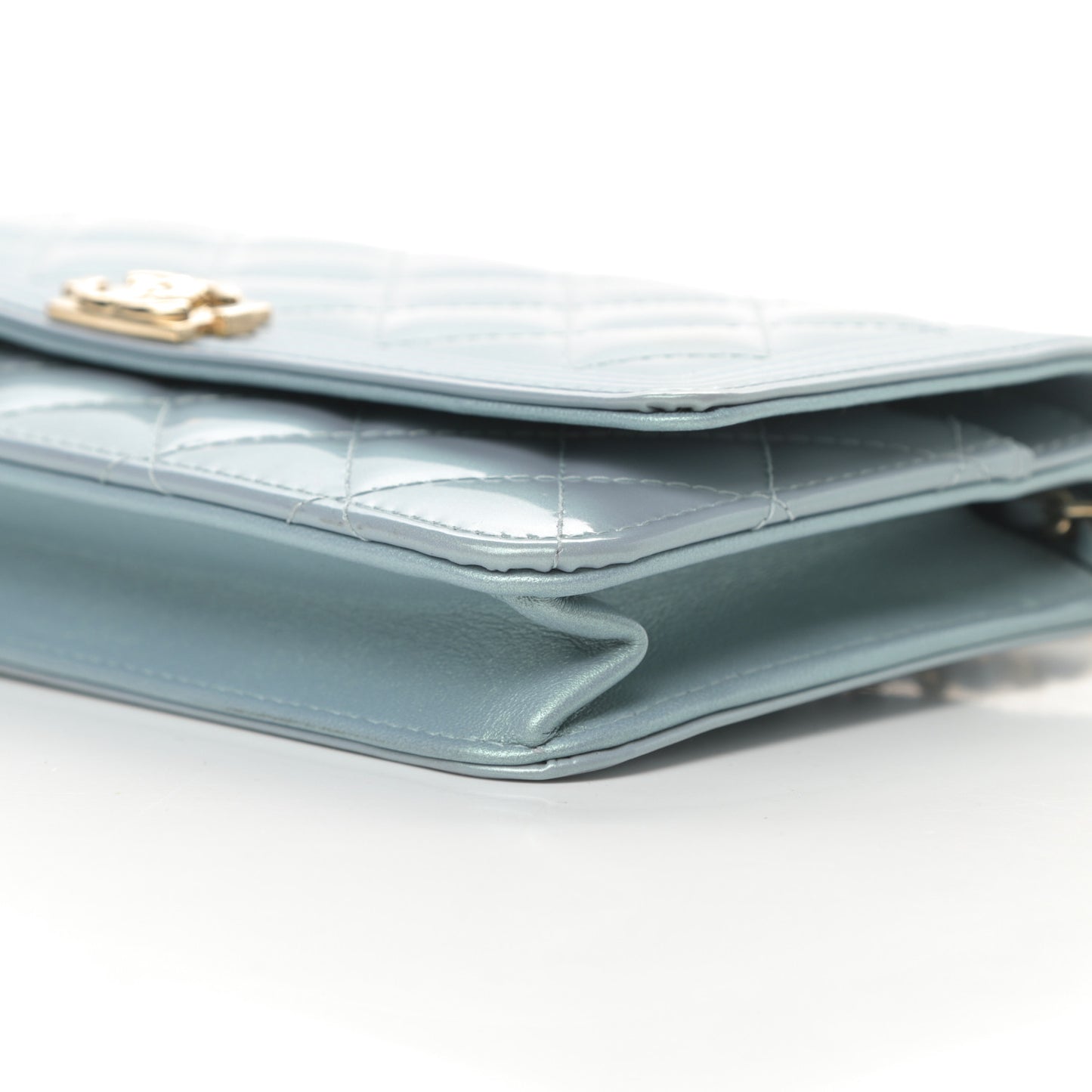 Metallic Patent Calfskin Quilted Boy Wallet on Chain WOC Light Blue