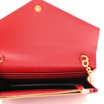 Saint Laurent Grain De Poudre Matelasse Chevron Monogram Envelope Chain Wallet Red 9 of 23