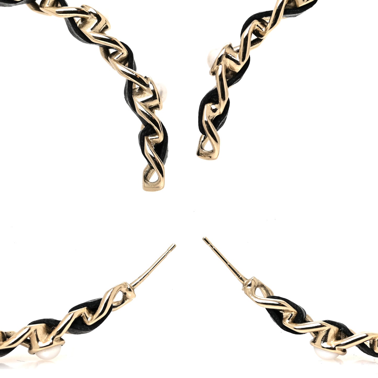 Lambskin Pearl CC Chain Hoop Earrings Gold Black