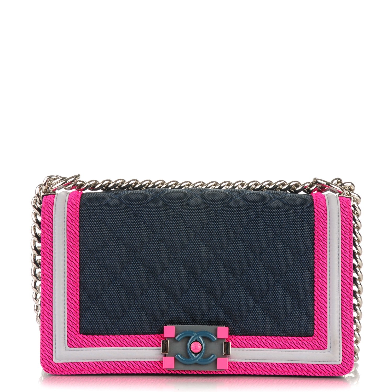 Chanel Canvas Quilted Medium Fluo Boy Flap Dark Navy Fuchsia Grey 1 of 13