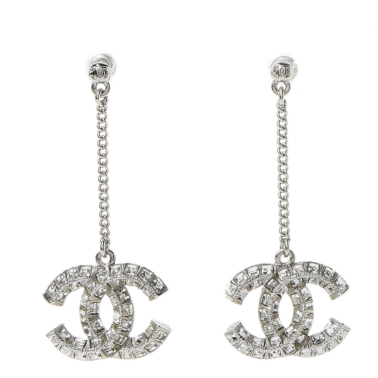Baguette Crystal CC Drop Earrings Silver